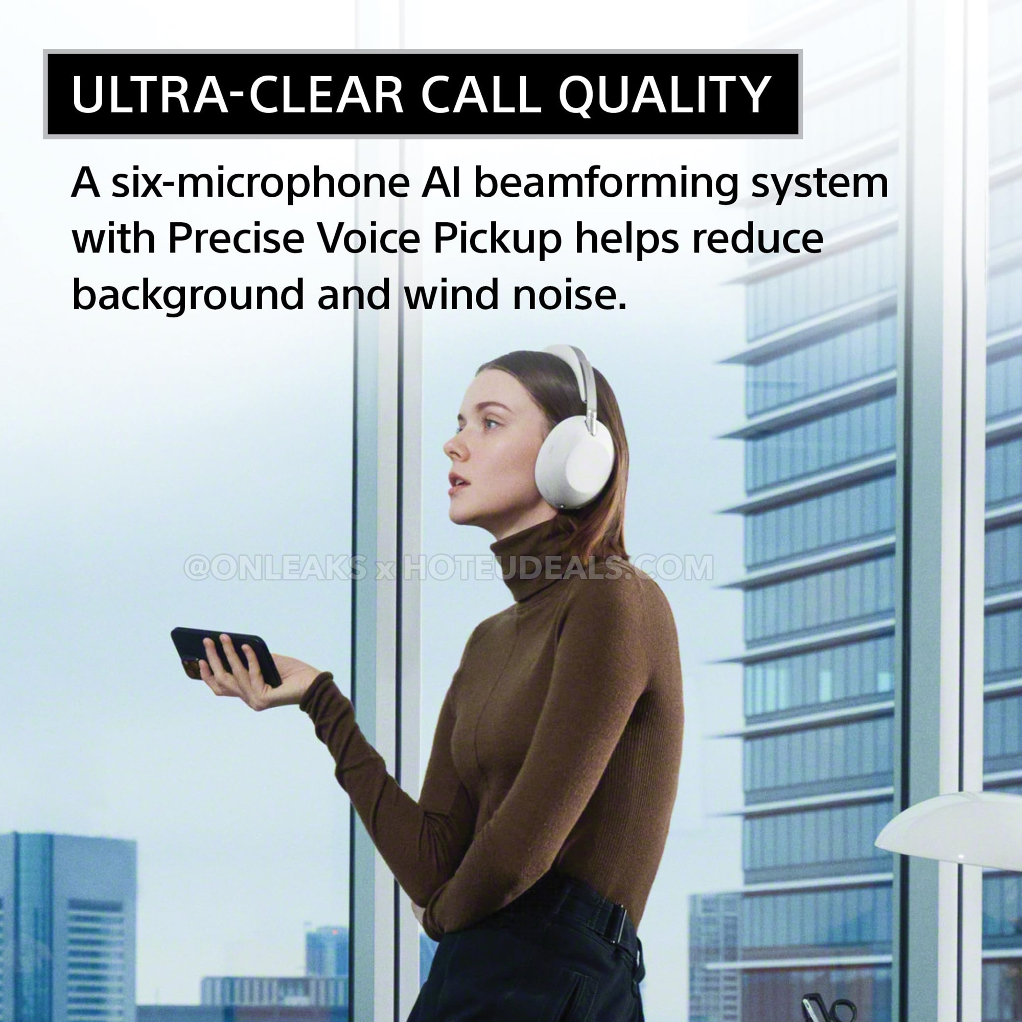 Sony promotional slide &mdash; Ultra-clear call quality with 6-microphone AI beamforming