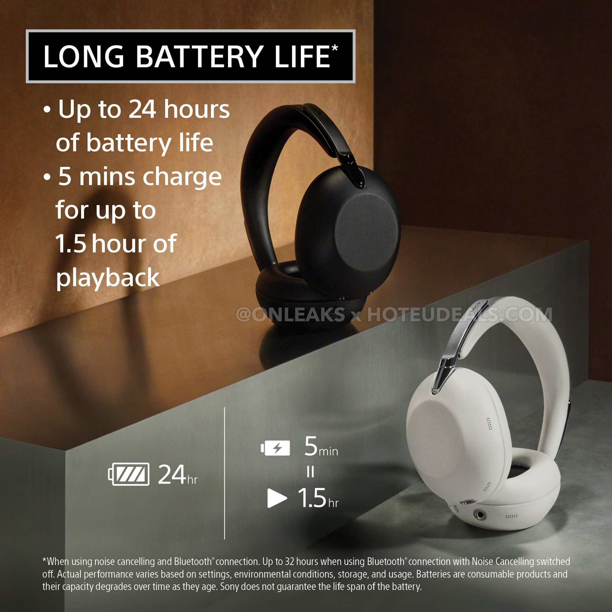 Sony’s split-lit dual-colourway marketing shot showing both Black and Platinum White, with battery-life specs